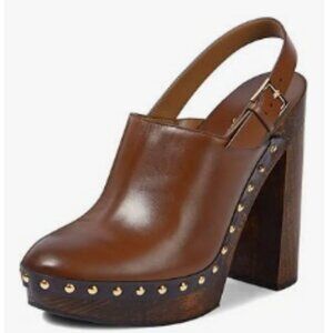 Brown Leather Studded Platform Slingback Heels